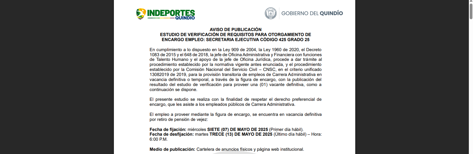 CONVOCATORIA OCUPACIÓN CARGO SECRETARIA